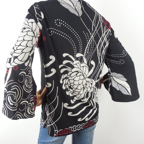 CHICO'S Top M Sz 1 Black/Red/Tan Blouse Stretch 3/4 Split Sleeves Casual Party - Picture 8 of 11